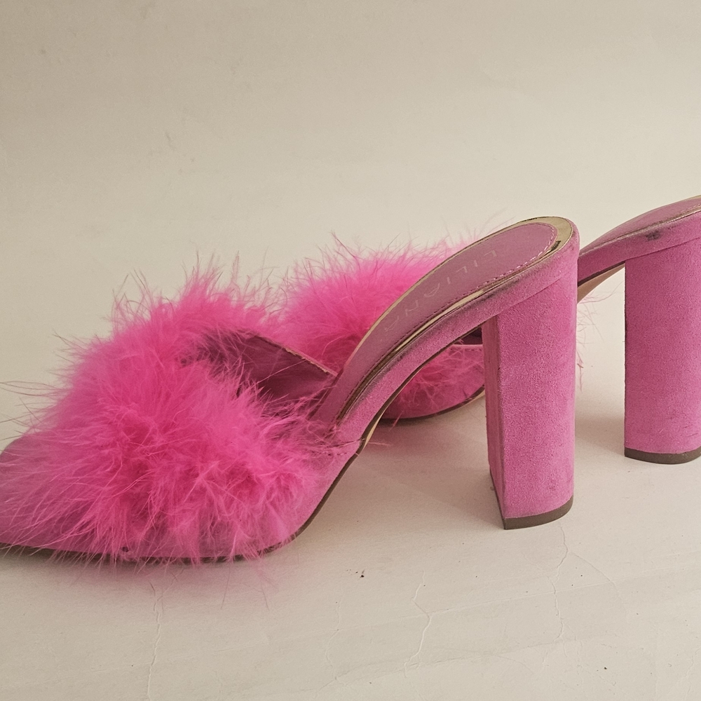 Liliana bright pink maribou feather 4" high square toe mules, size 10 - Picture 4 of 15
